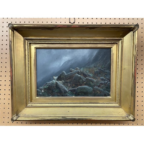 274 - J FINCHETT OILS ON CANVAS SHEEP IN A MOUNTAINOUS LANDSCAPE FRAMED 30CM X 19CM APPROX