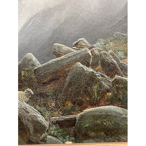 274 - J FINCHETT OILS ON CANVAS SHEEP IN A MOUNTAINOUS LANDSCAPE FRAMED 30CM X 19CM APPROX