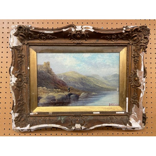 277 - J FERGUSON (1849 - 1886) OIL ON CANVAS FIGURE IN A HIGHLAND LANDSCAPE FRAMED AND GLAZED 29CM X 19CM ... 