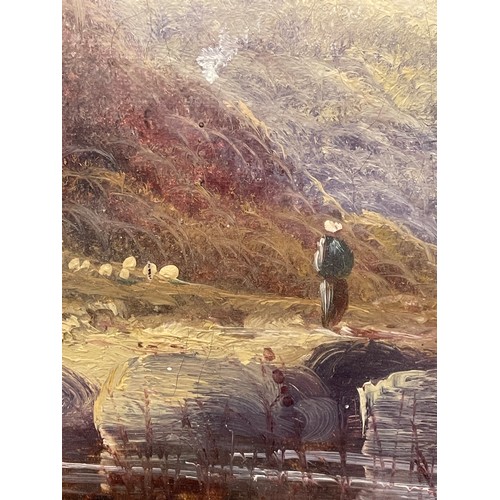 277 - J FERGUSON (1849 - 1886) OIL ON CANVAS FIGURE IN A HIGHLAND LANDSCAPE FRAMED AND GLAZED 29CM X 19CM ... 