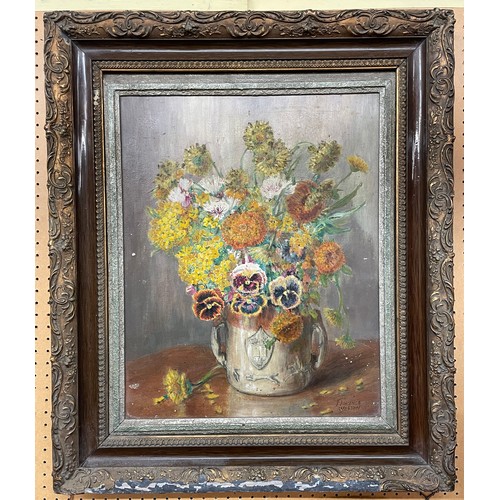 273 - FLORENCE WESTON (1868 - 1942) OILS ON BOARD STILL LIFE LOVING CUP OF VARIOUS WILD FLOWERS FRAMED 38C... 