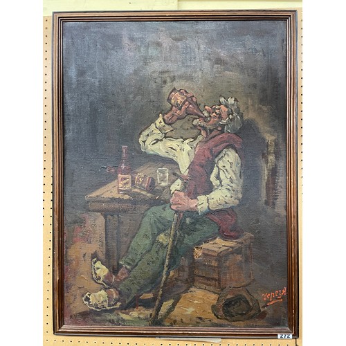 272 - 20TH CENTURY OIL ON CANVAS FEPEZA THE ELDERLY DRUNKARD 50CM X 68CM APPROX TEAR TO CANVAS