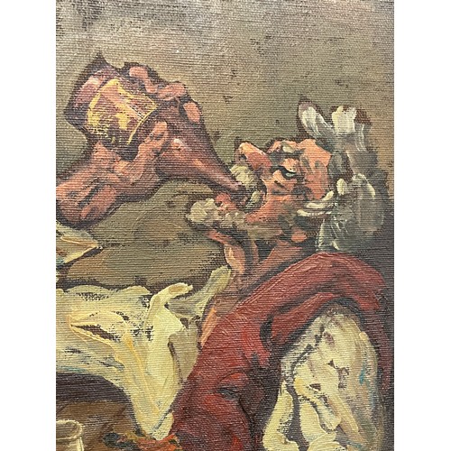 272 - 20TH CENTURY OIL ON CANVAS FEPEZA THE ELDERLY DRUNKARD 50CM X 68CM APPROX TEAR TO CANVAS