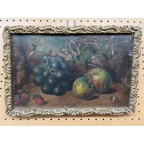 266 - IN THE MANNER OLIVER CLARE OIL ON BOARD STILL LIFE OF FRUIT APPLES GRAPES AND STRAWBERRIES IN GILT F... 