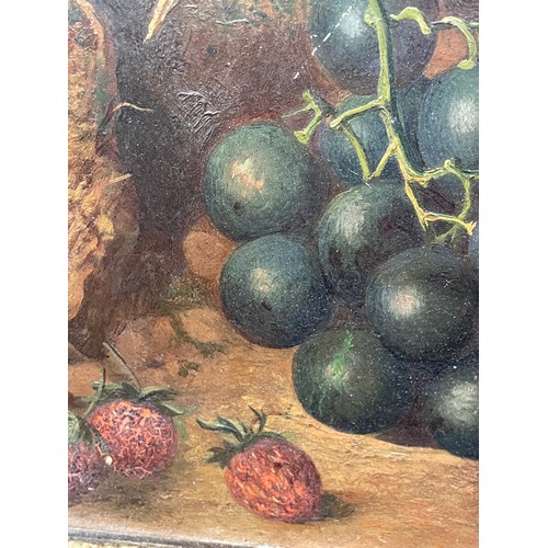 266 - IN THE MANNER OLIVER CLARE OIL ON BOARD STILL LIFE OF FRUIT APPLES GRAPES AND STRAWBERRIES IN GILT F... 