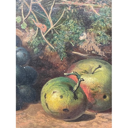 266 - IN THE MANNER OLIVER CLARE OIL ON BOARD STILL LIFE OF FRUIT APPLES GRAPES AND STRAWBERRIES IN GILT F... 