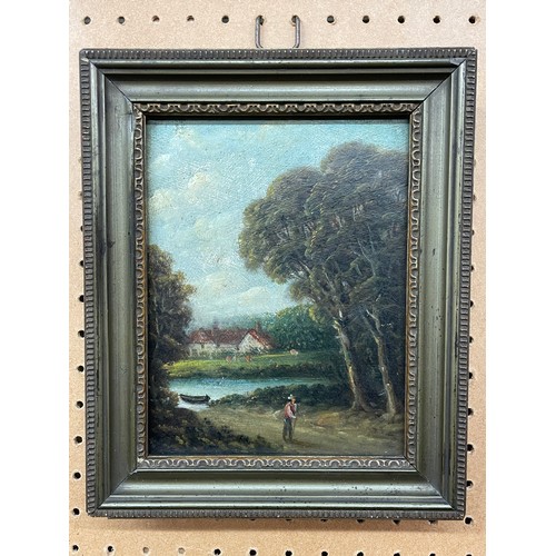 280 - UNSIGNED OIL ON BOARD FIGURE IN A RURAL LANDSCAPE IN EASEL BACK FRAME 13CM X 17CM APPROX