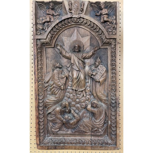 303 - CARVED BAS RELIEF PANEL THE ASCENSION 37.5CM X 65CM APPROX