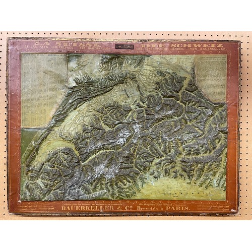 298 - BAUERKELLER AND CIE BREVETES A PARIS 3D SCALE MAP THE MOUNTAINS OF THE ALPS 67CM X 51CM APPROX