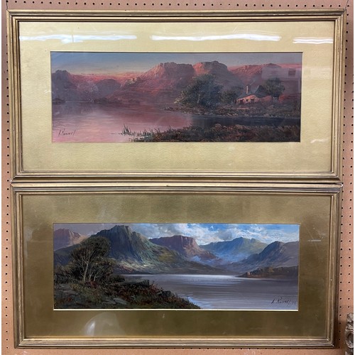 294 - A RAMSEY? OILS ON BOARD HIGHLAND LOCH LANDSCAPE SIGNED AND DATED 1916 A PAIR 54CM X 19CM APPROX