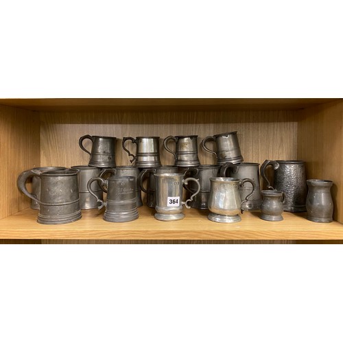 364 - SHELF OF MAINLY 19TH CENTURY PEWTER BALUSTER AND TAPERED & GIRDLED TANKARDS AND MEASURES