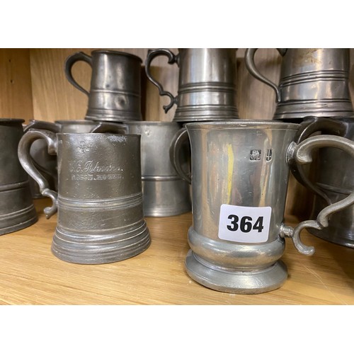 364 - SHELF OF MAINLY 19TH CENTURY PEWTER BALUSTER AND TAPERED & GIRDLED TANKARDS AND MEASURES