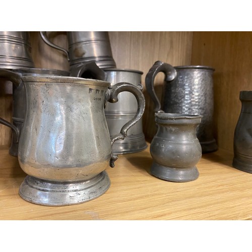 364 - SHELF OF MAINLY 19TH CENTURY PEWTER BALUSTER AND TAPERED & GIRDLED TANKARDS AND MEASURES