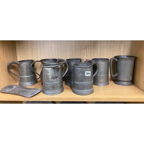 365 - SHELF OF 18TH/19TH CENTURY PEWTER LARGER QUART MEASURES AND TANKARDS SOME WITH ENGRAVING