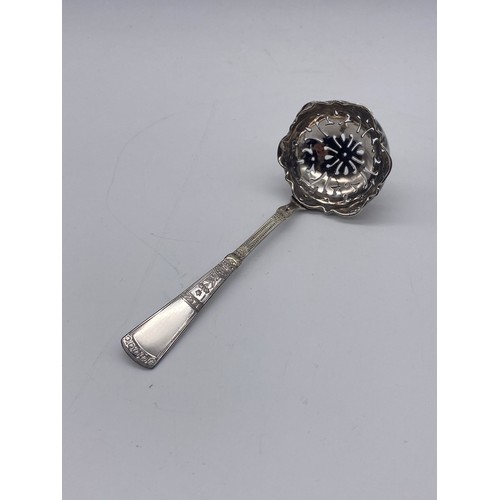 405 - BRISTOL BLUE GLASS LINED FILIGREE LEAF AND BERRY METAL ENCASED SUCRIER WITH UNMARKED SIFTER SPOON