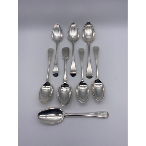 450 - EIGHT GEORGIAN AND VICTORIAN LONDON SILVER TABLE SPOONS 16.2 OZ APPROX