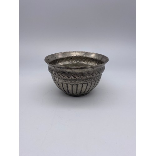 458 - WHITE METAL ENGRAVED BOWL WITH INTERLACED SCROLL BANDS AND PUNCH WORK DECORATION TO INTERIOR