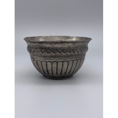 458 - WHITE METAL ENGRAVED BOWL WITH INTERLACED SCROLL BANDS AND PUNCH WORK DECORATION TO INTERIOR