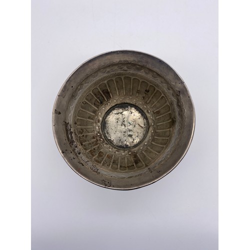 458 - WHITE METAL ENGRAVED BOWL WITH INTERLACED SCROLL BANDS AND PUNCH WORK DECORATION TO INTERIOR