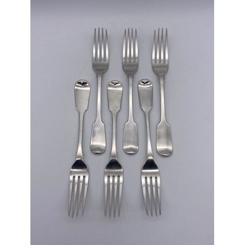 447 - SIX LONDON SILVER GEORGIAN DINING FORKS 16 OZ OVERALL APPROX