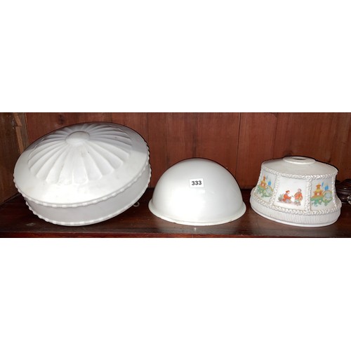 333 - WHITE MILK GLASS CEILING SHADE, ONE OTHER WITH CHINOISERIE PANELS AND A DOMED SHADE