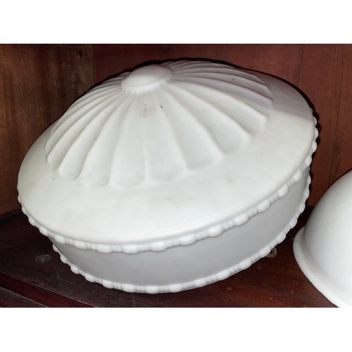 333 - WHITE MILK GLASS CEILING SHADE, ONE OTHER WITH CHINOISERIE PANELS AND A DOMED SHADE