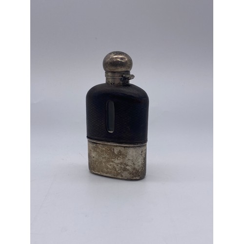 443 - MAPPIN & WEBB LONDON SILVER AND LEATHER ENCASED HIP FLASK (BASE WEIGHT 1.3 OZ APPROX)