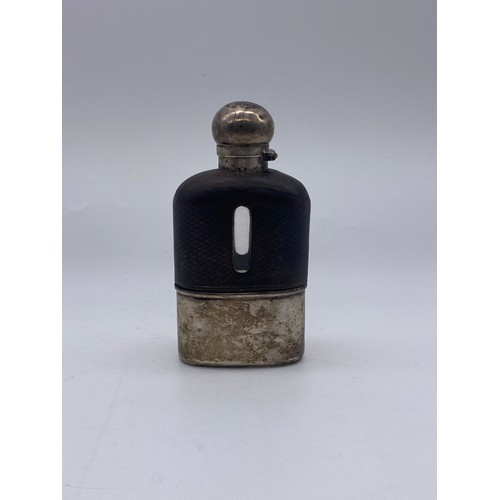 443 - MAPPIN & WEBB LONDON SILVER AND LEATHER ENCASED HIP FLASK (BASE WEIGHT 1.3 OZ APPROX)