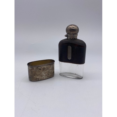 443 - MAPPIN & WEBB LONDON SILVER AND LEATHER ENCASED HIP FLASK (BASE WEIGHT 1.3 OZ APPROX)