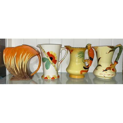 342 - BURLEIGH PARAKEET JUG AND BURLEIGH KINGFISHER JUG, WADE HEATH STREAMLINE ART DECO JUG, AND ONE OTHER