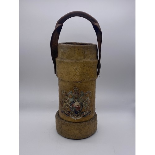 379 - CORDITE CANVAS CARRIER WITH ARMORIAL CREST AND LEATHER STRAP