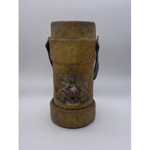 379 - CORDITE CANVAS CARRIER WITH ARMORIAL CREST AND LEATHER STRAP