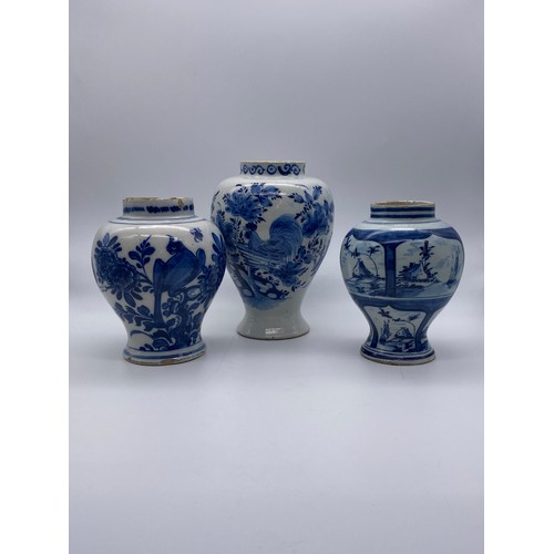 477 - THREE DELFT BLUE AND WHITE APOCOTHERY TYPE BALUSTER JARS A/F & SMALL DISH