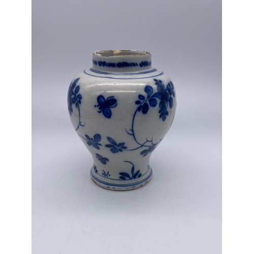 477 - THREE DELFT BLUE AND WHITE APOCOTHERY TYPE BALUSTER JARS A/F & SMALL DISH