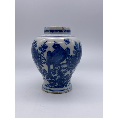 477 - THREE DELFT BLUE AND WHITE APOCOTHERY TYPE BALUSTER JARS A/F & SMALL DISH