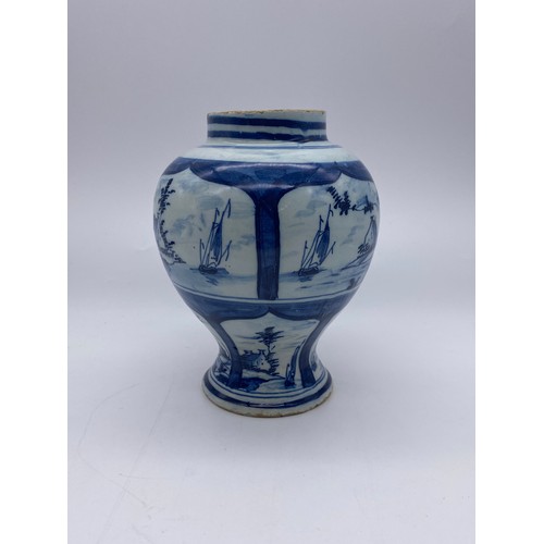 477 - THREE DELFT BLUE AND WHITE APOCOTHERY TYPE BALUSTER JARS A/F & SMALL DISH