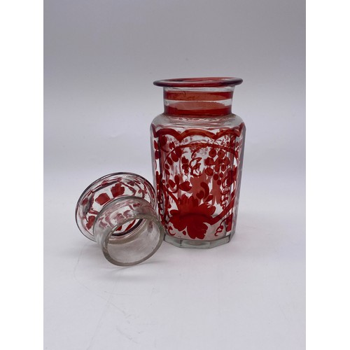 499 - BOHEMIAN RUBY ETCHED PANELLED LAMP BASE, RUBY ETCHED VASE WITH SILVER COLLAR AND A GRAPE VINE DECORA... 