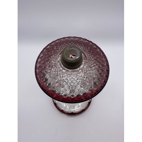 499 - BOHEMIAN RUBY ETCHED PANELLED LAMP BASE, RUBY ETCHED VASE WITH SILVER COLLAR AND A GRAPE VINE DECORA... 