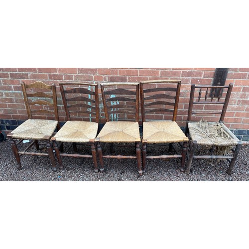 158 - 18/19TH CENTURY ELM AND ASH LANCASHIRE TYPE RUSH SEATED CHAIRS SOME A/F