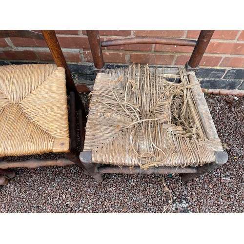 158 - 18/19TH CENTURY ELM AND ASH LANCASHIRE TYPE RUSH SEATED CHAIRS SOME A/F