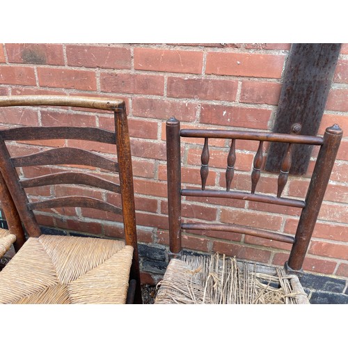 158 - 18/19TH CENTURY ELM AND ASH LANCASHIRE TYPE RUSH SEATED CHAIRS SOME A/F