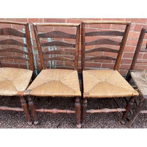 158 - 18/19TH CENTURY ELM AND ASH LANCASHIRE TYPE RUSH SEATED CHAIRS SOME A/F