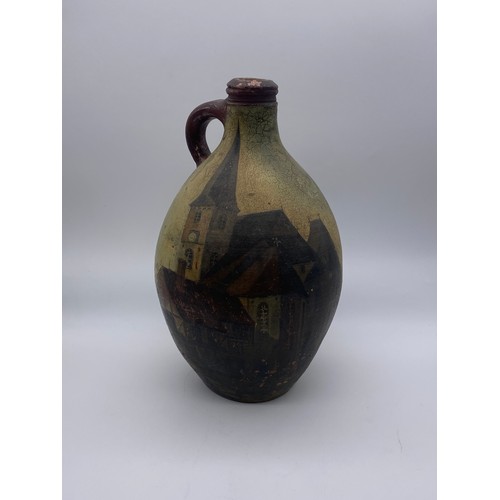 375 - STONEWARE FLAGON WITH PAINTED TOWN DECORATION SIGNED B.ARCHER