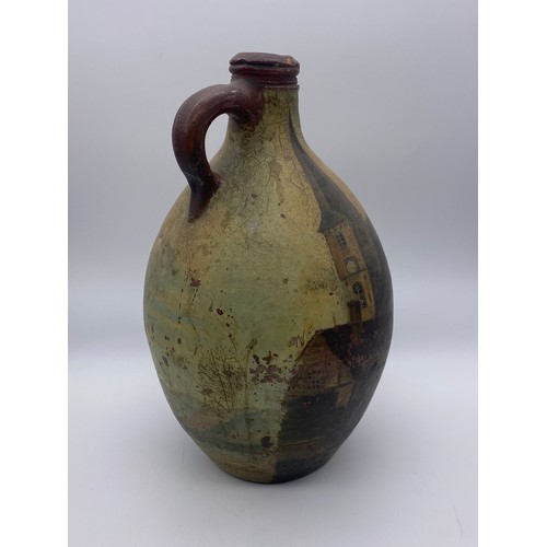 375 - STONEWARE FLAGON WITH PAINTED TOWN DECORATION SIGNED B.ARCHER