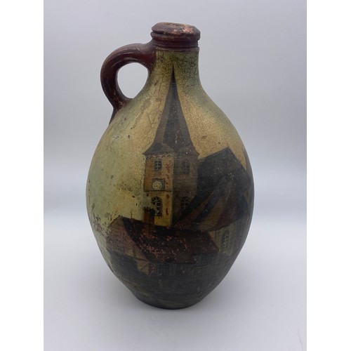 375 - STONEWARE FLAGON WITH PAINTED TOWN DECORATION SIGNED B.ARCHER