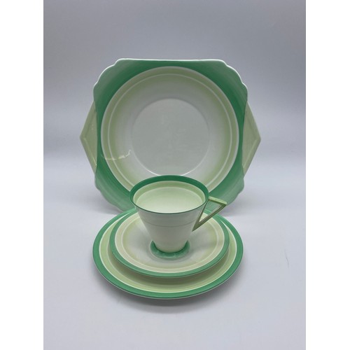 352 - SHELLEY MINT GREEN CONICAL TEACUP AND SAUCER TRIO WITH PLATE