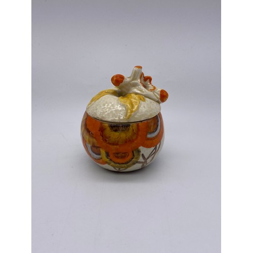 348 - CLARICE CLIFF BIZARRE CROCUS HONEY SKEP PRESERVE JAR AND BIZARRE RHODANTHE PRESERVE JAR