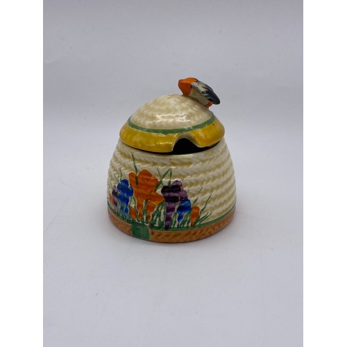 348 - CLARICE CLIFF BIZARRE CROCUS HONEY SKEP PRESERVE JAR AND BIZARRE RHODANTHE PRESERVE JAR