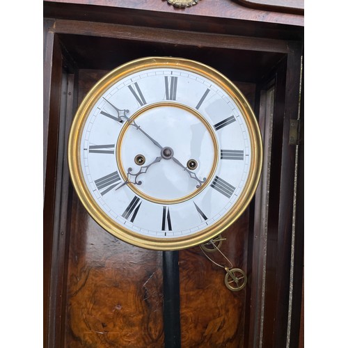 250 - GOOD QUALITY MAHOGANY AND BURR WOOD CASED VIENNA DOUBLE WEIGHT PENDULUM CLOCK