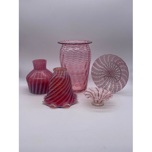 617 - TINTED WAVY PATTERN GLASS VASE, CANDY STRIPED VASE, FRILLED SHADE AND LATTICINO DISHES